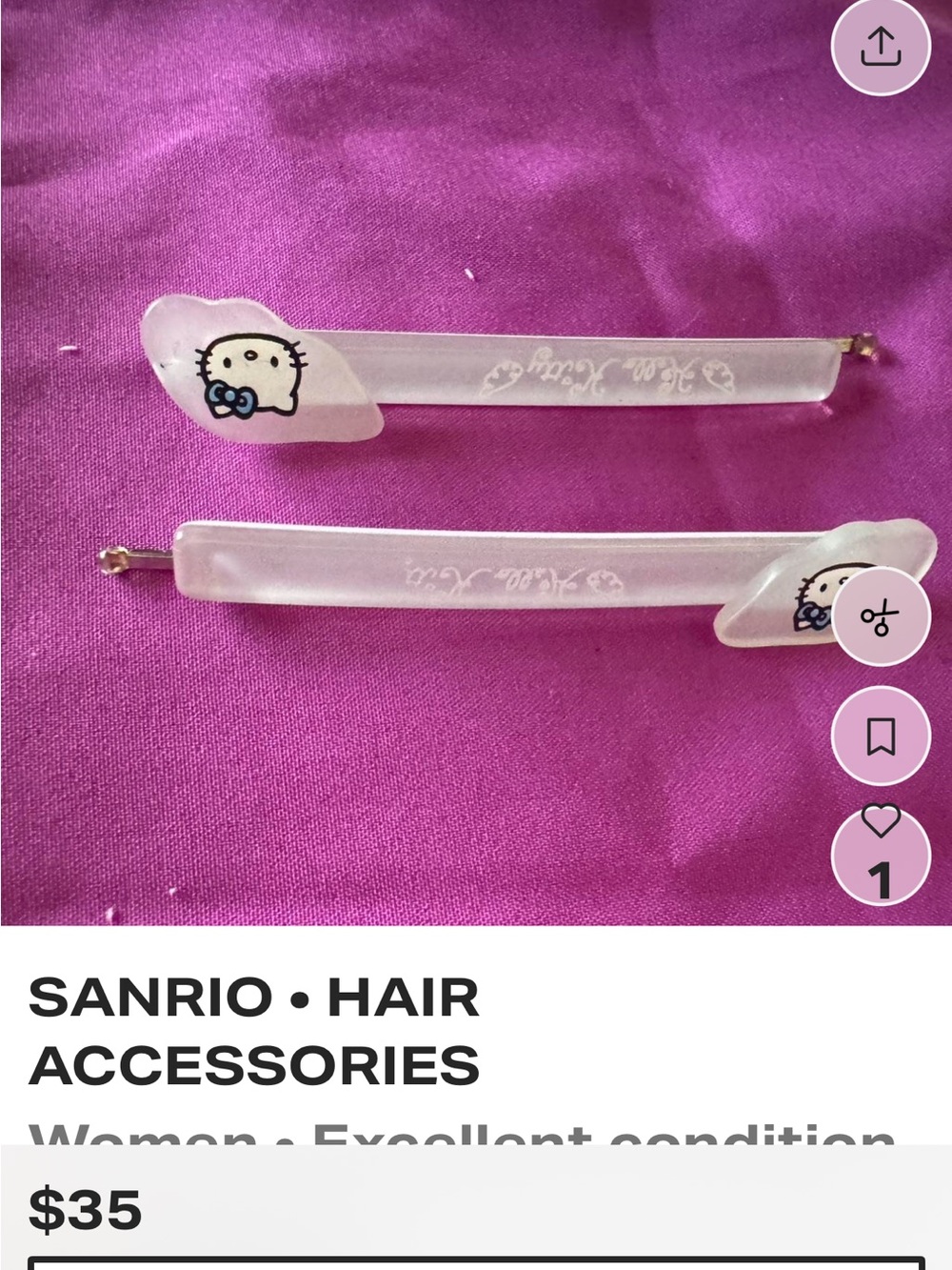 Sanrio Hello Kitty Frosted Clear Lucite Hair Barrettes with Blue Bow Accents